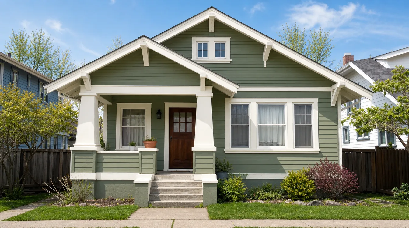 Same bungalow freshly painted sage green with white trim
