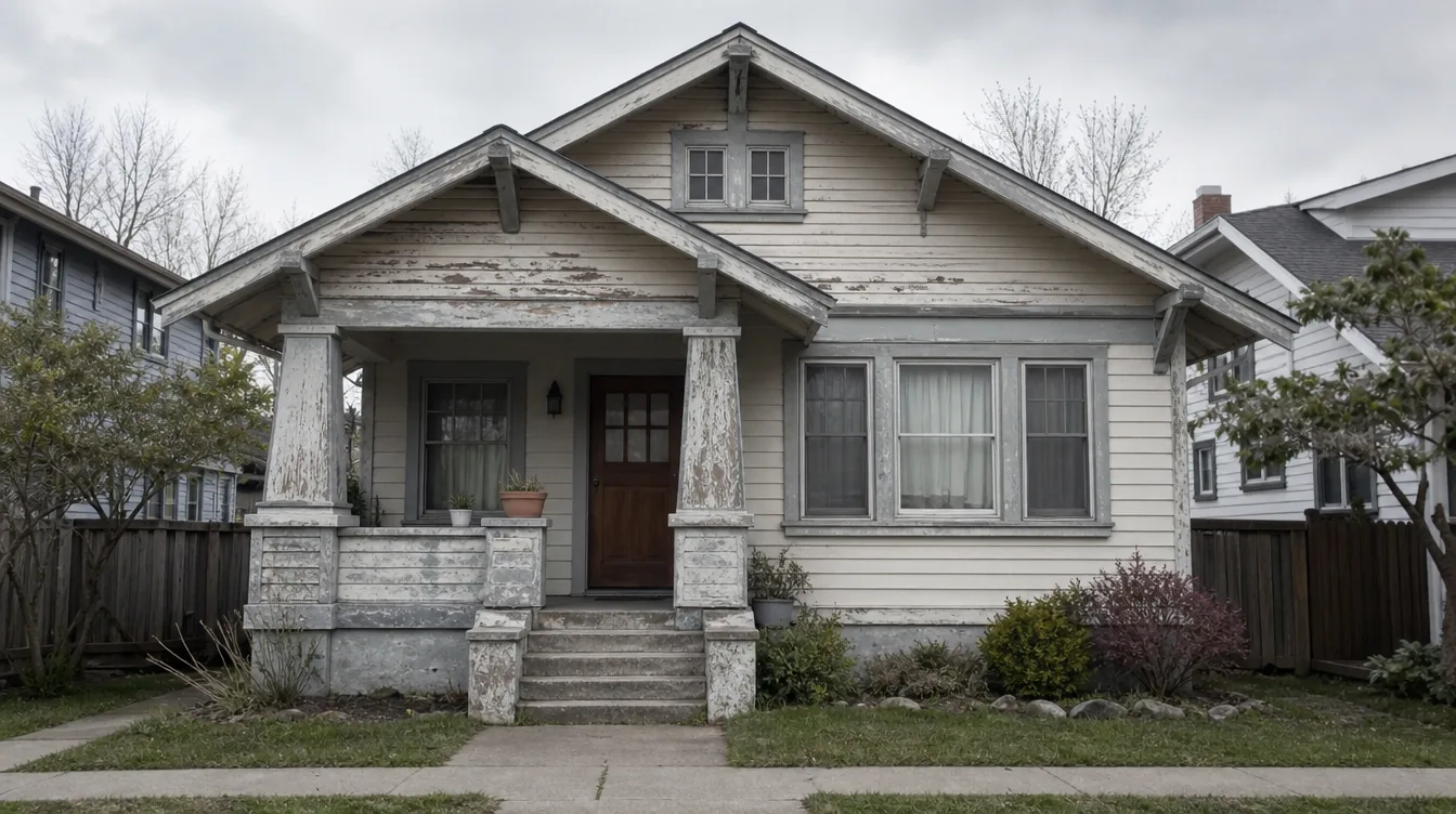 Bungalow with peeling faded paint