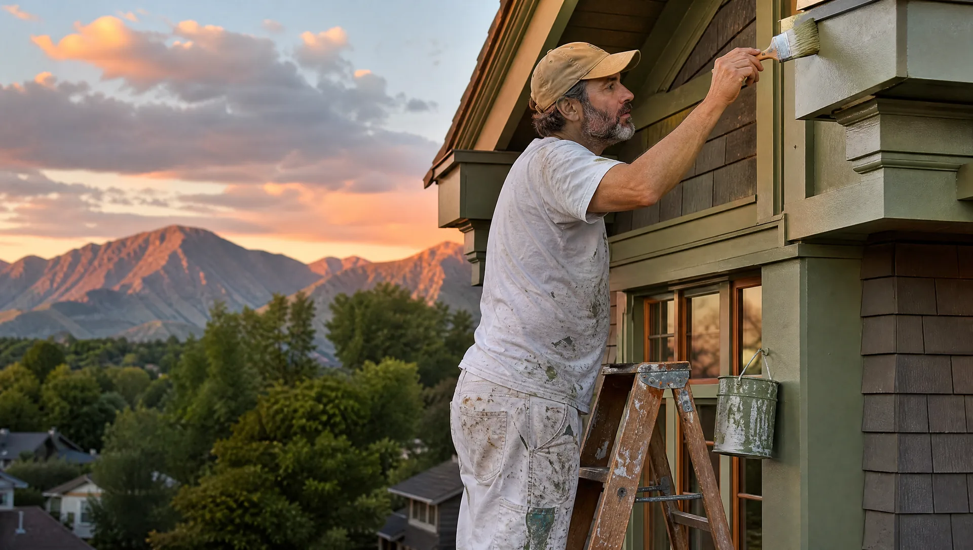 Painter on a ladder brushing fresh sage-green paint onto a craftsman bungalow at sunset