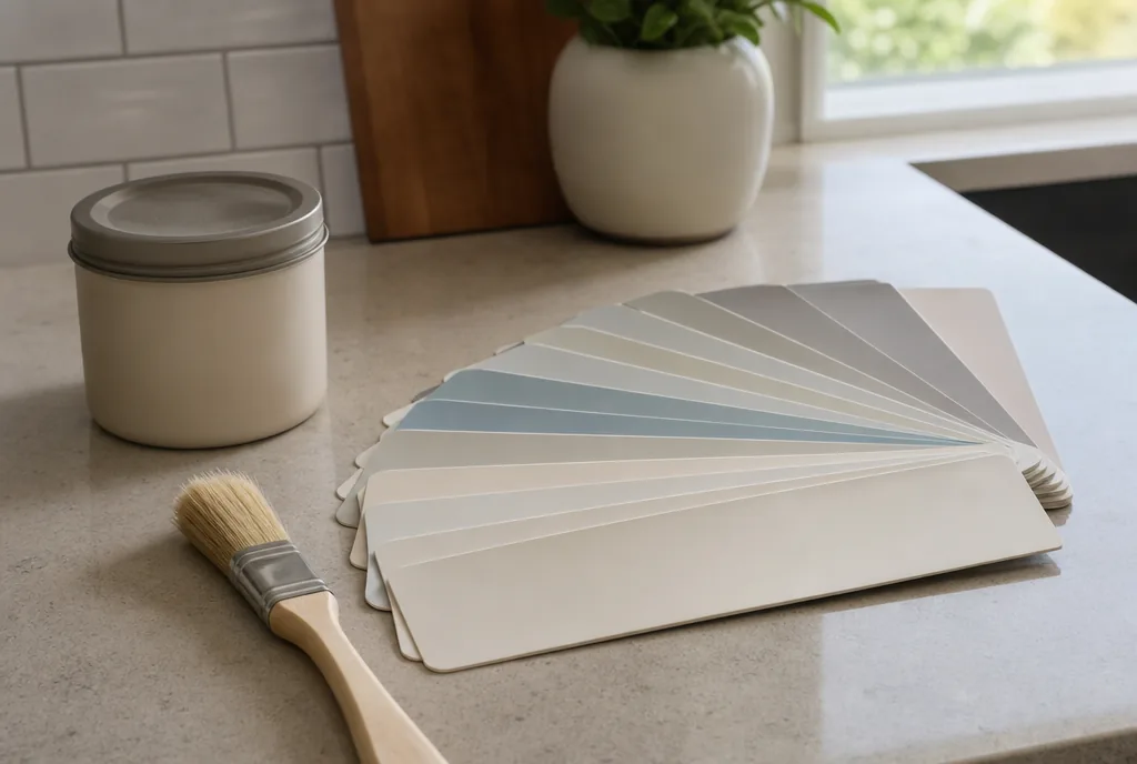 Paint swatches on a kitchen counter